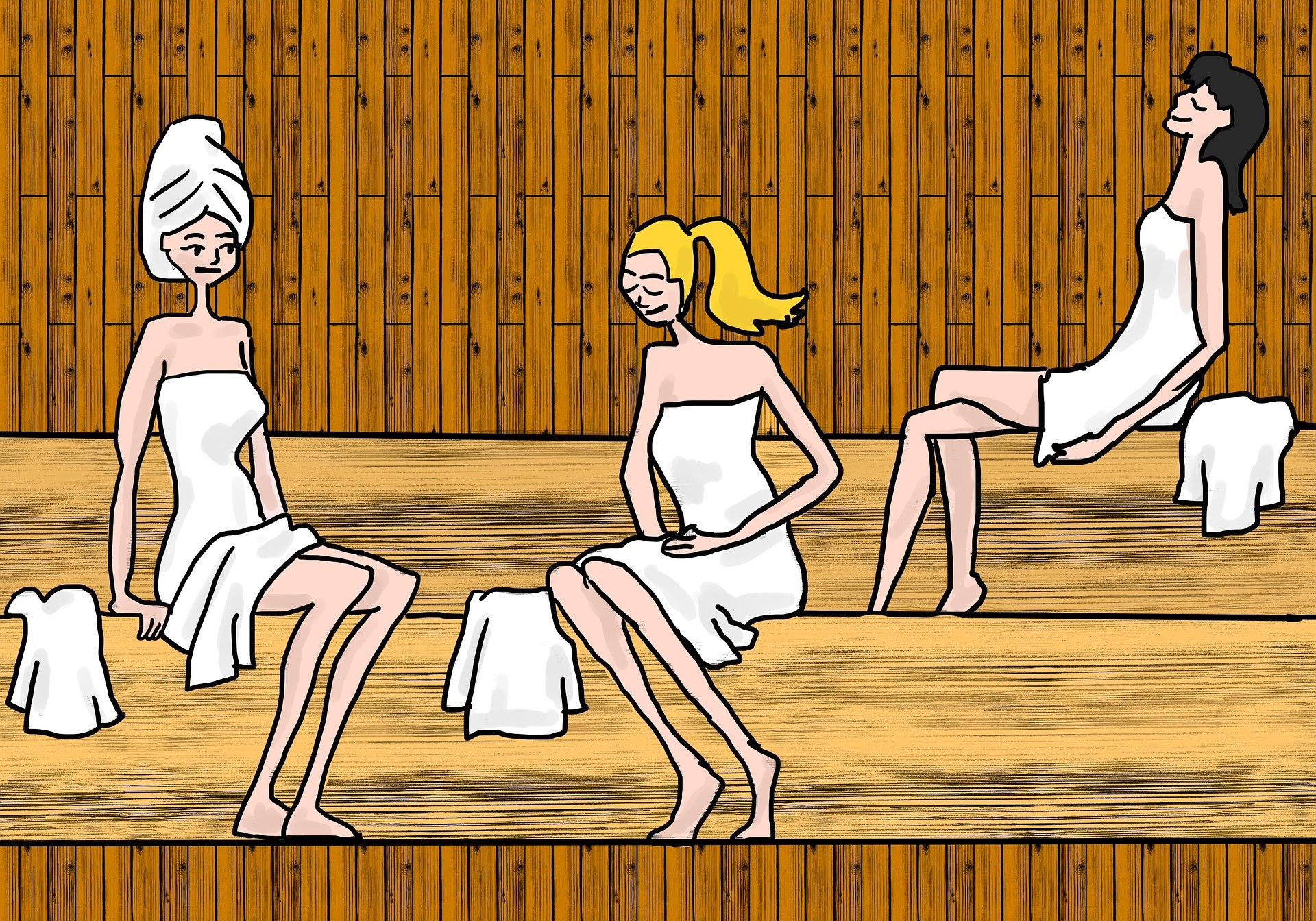 Piirrettyjä naisia saunassa.