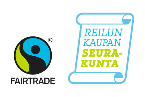 Reilun kaupan pyöreä vihreän sininen logo vasemmalla, jonka vieressä oikealla teksti Reilun kaupan seurakunta.