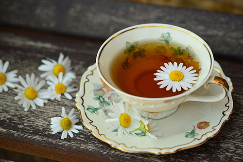 Teetä ja päivänkakkara kultareunaisessa teekupissa.